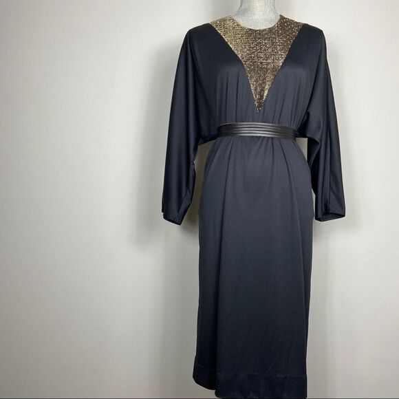 Vintage 80s 90s Black Cocktail Dress Gold Detail. Formal Gown - Picture 6 of 10